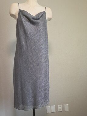 MARINA Silver Shimmer Slip Midi Dress